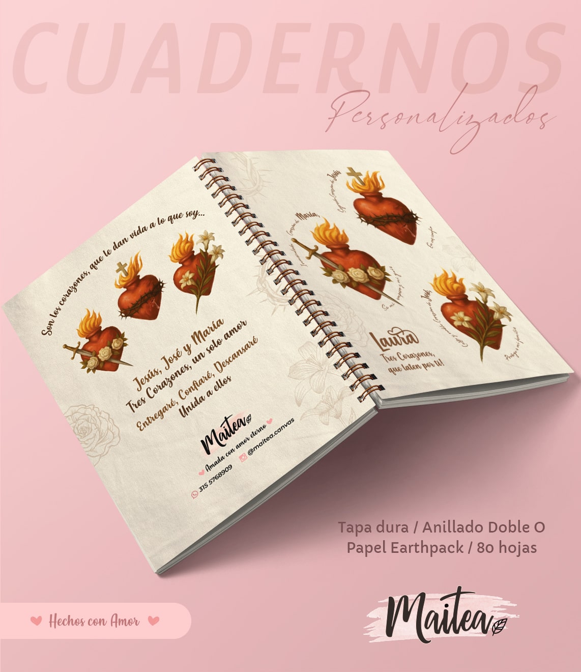 Cuaderno Católico Corazones de Jesús, José y María Cuadernos religiosos personalizados, cuadernos de oración, cuaderno de Jesús Emaús, cuadernos de la Virgen, cuadernos de la virgencita, cuadernos católicos, cuadernos de San José, cuadernos personalizados.