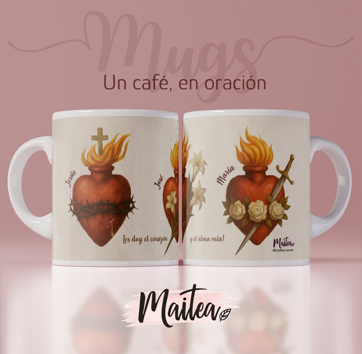mug-corazones Tazas de la Virgen, Tazas de Jesús, Mugs de San José, Mugs religiosos, Jesús Emaús